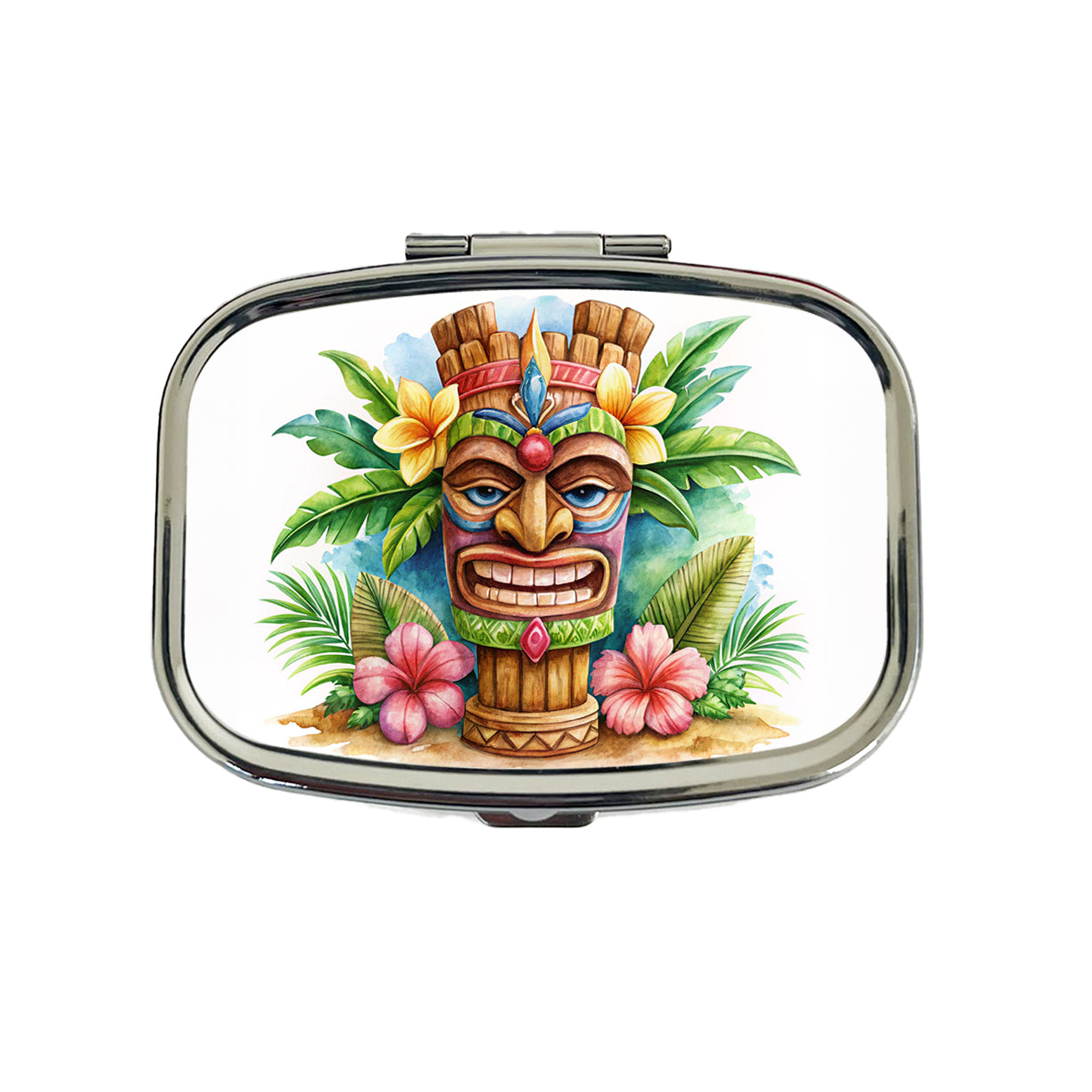 Hawaiian Tiki Statue Watercolor Travel Pill Box Case