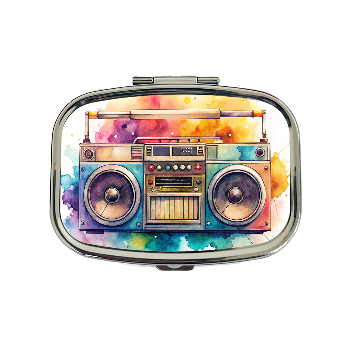 Retro Boom Box Radio Cassette Player Watercolor Travel Pill Box Case