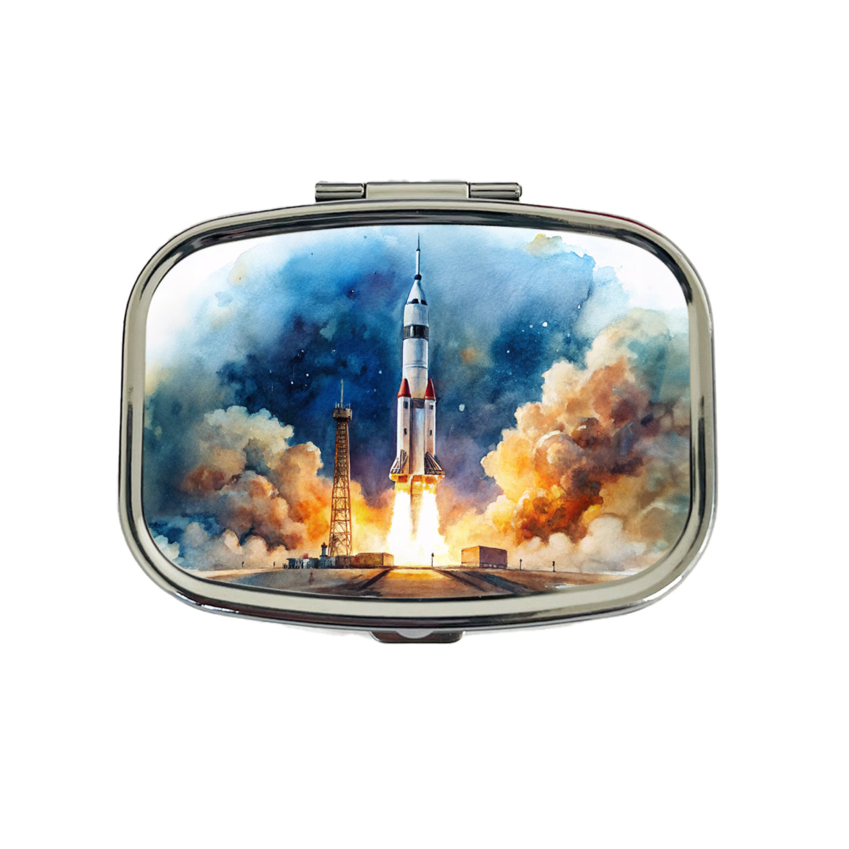 Rocket Spaceship Launch Sci-fi Watercolor Travel Pill Box Case