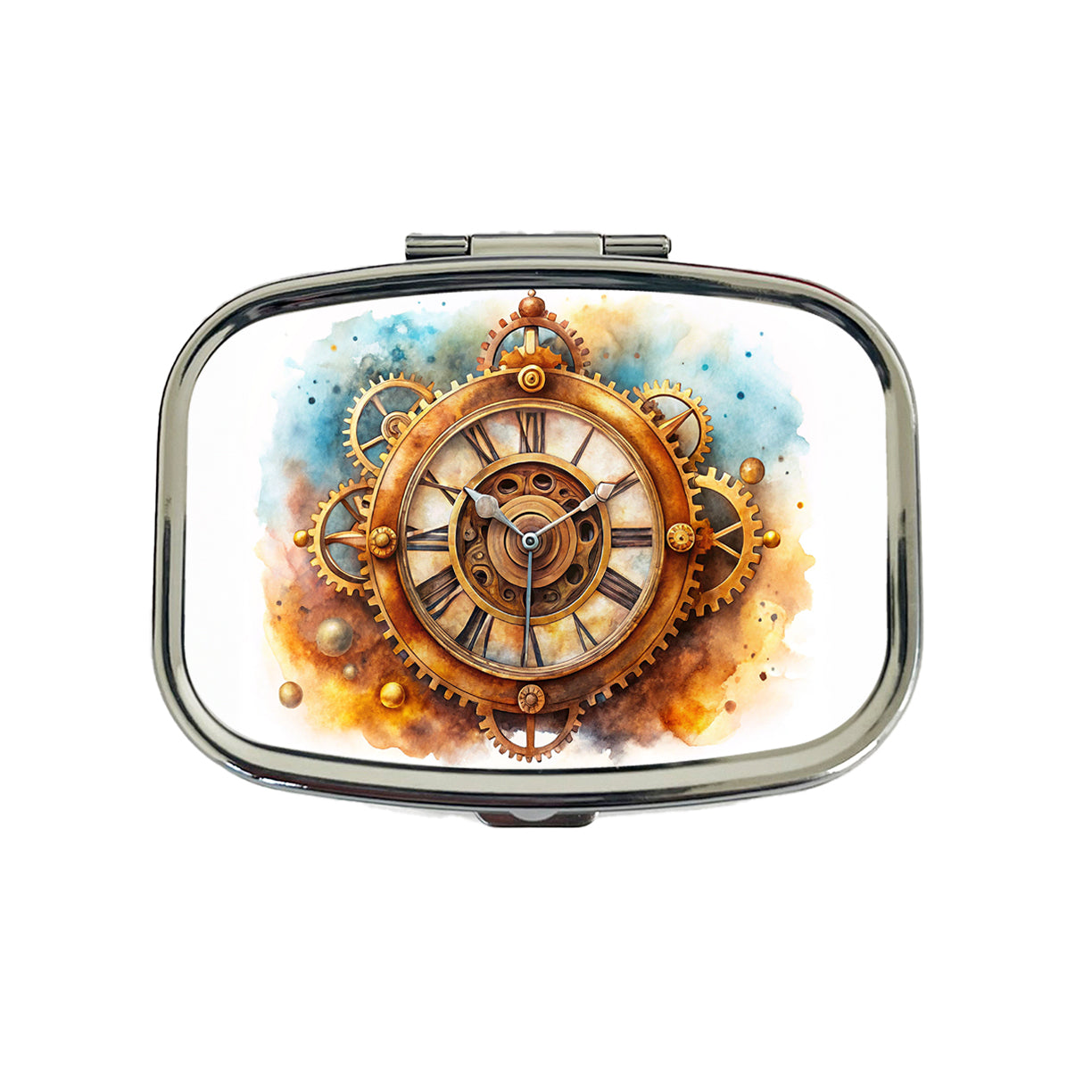 Steampunk Clock Fantasy Sci-fi Watercolor Travel Pill Box Case