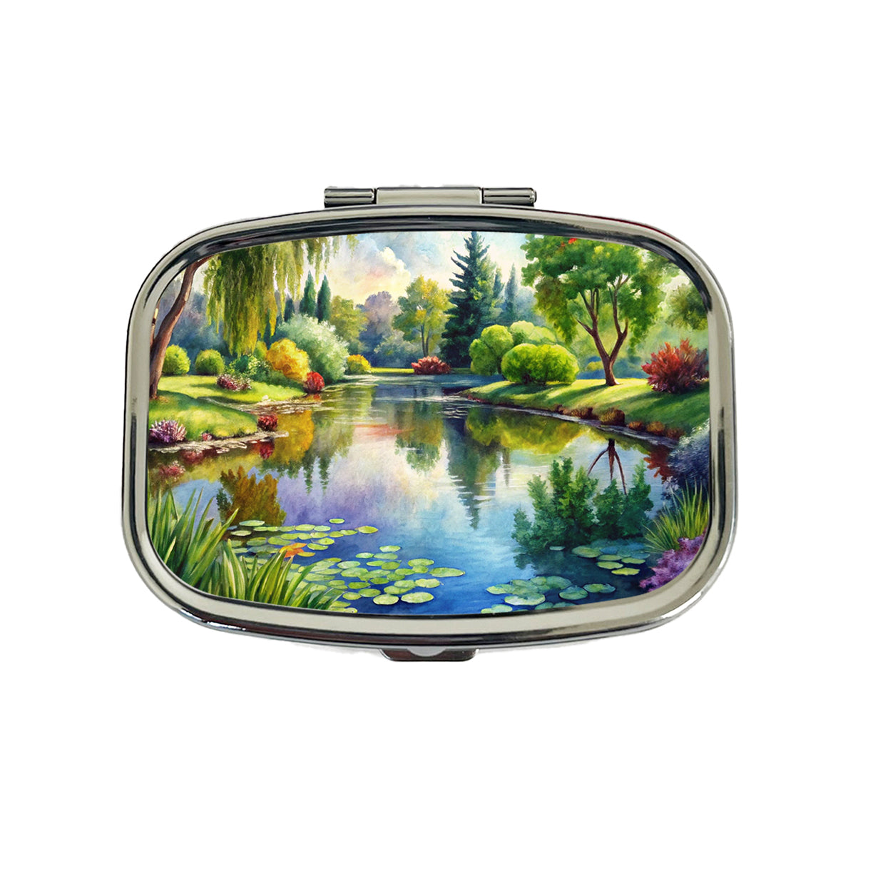 Tranquil Pond Scene Watercolor Travel Pill Box Case