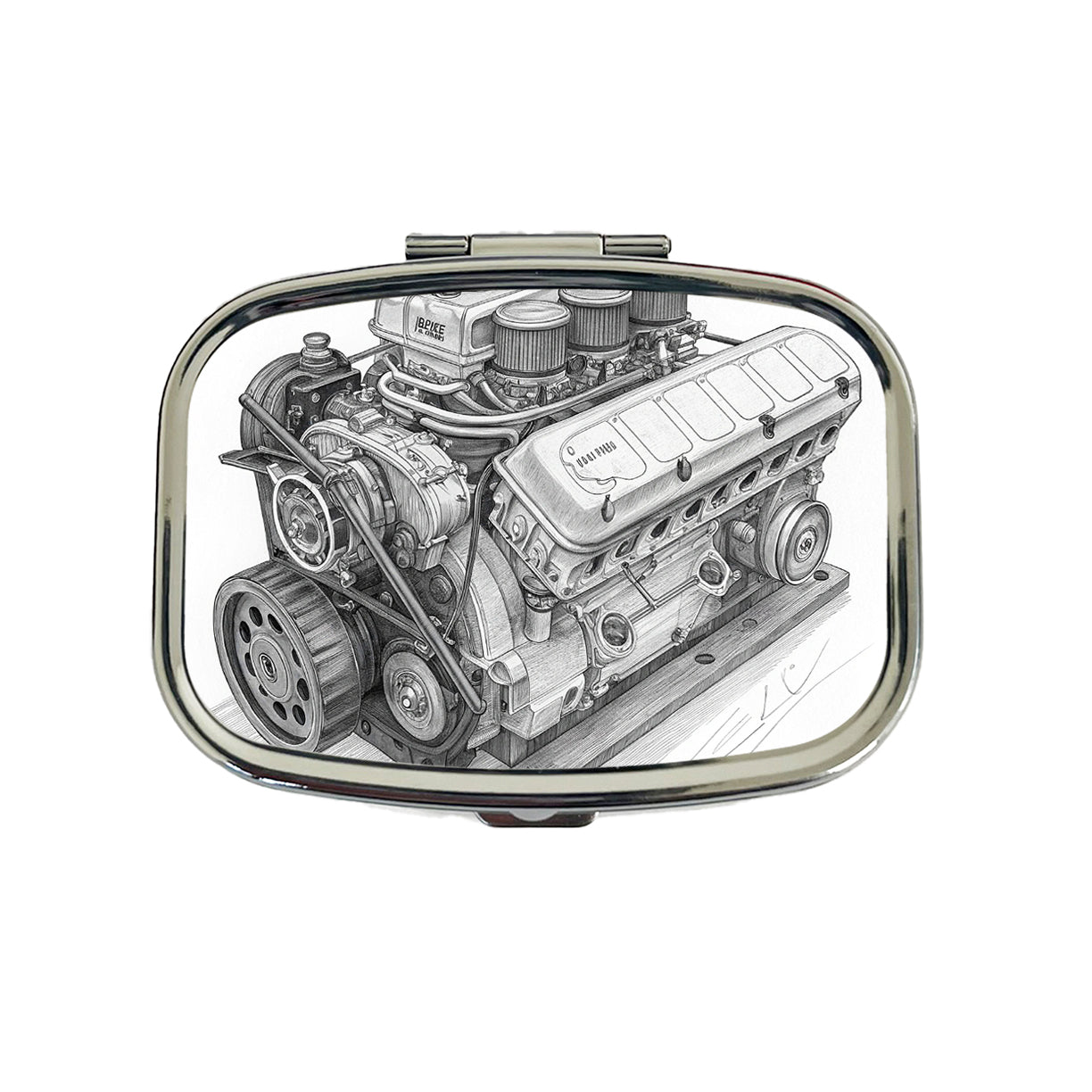 V8 Car Engine Sketch Travel Pill Box Case