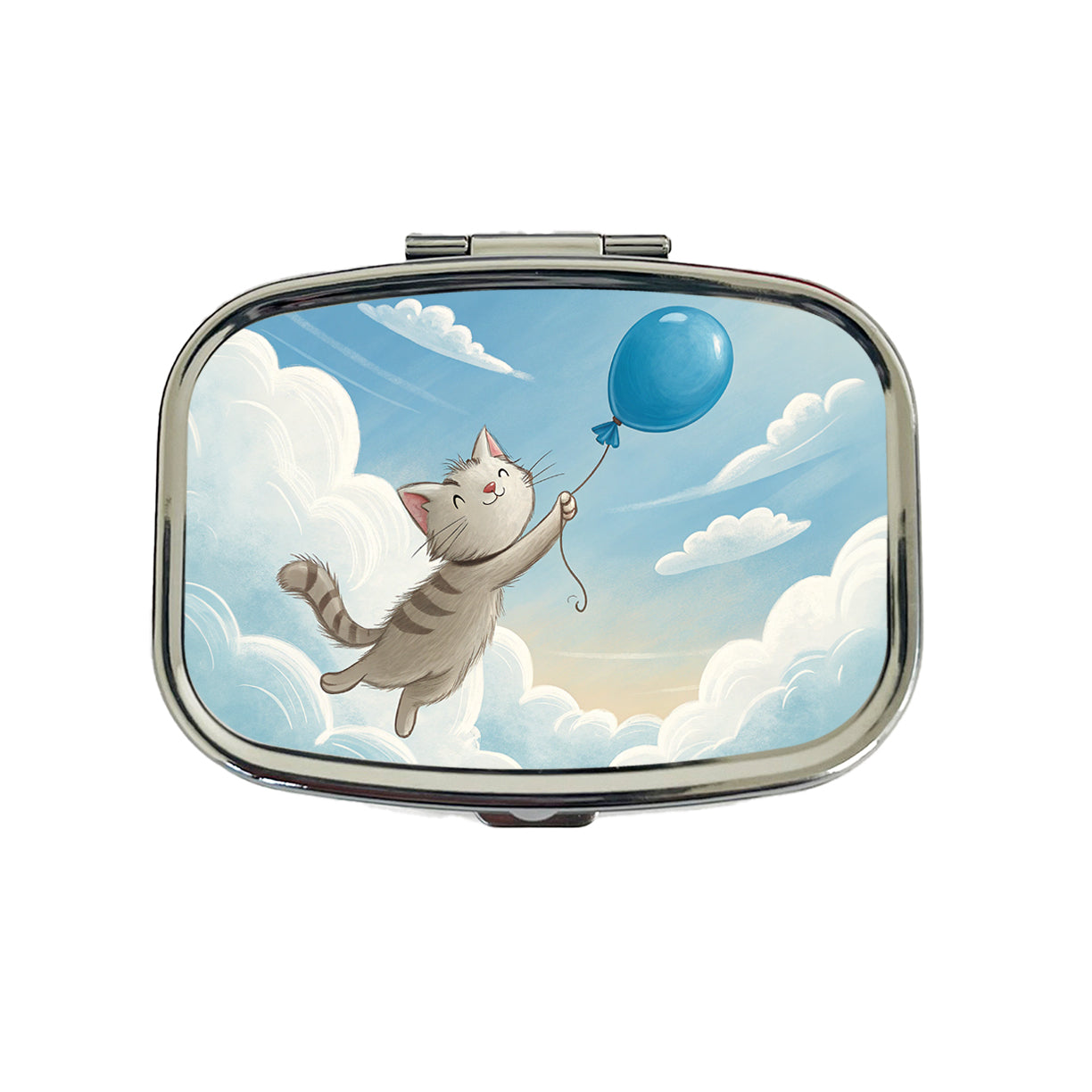 Cat Carried by Blue Balloon into the Sky Travel Pill Box Case