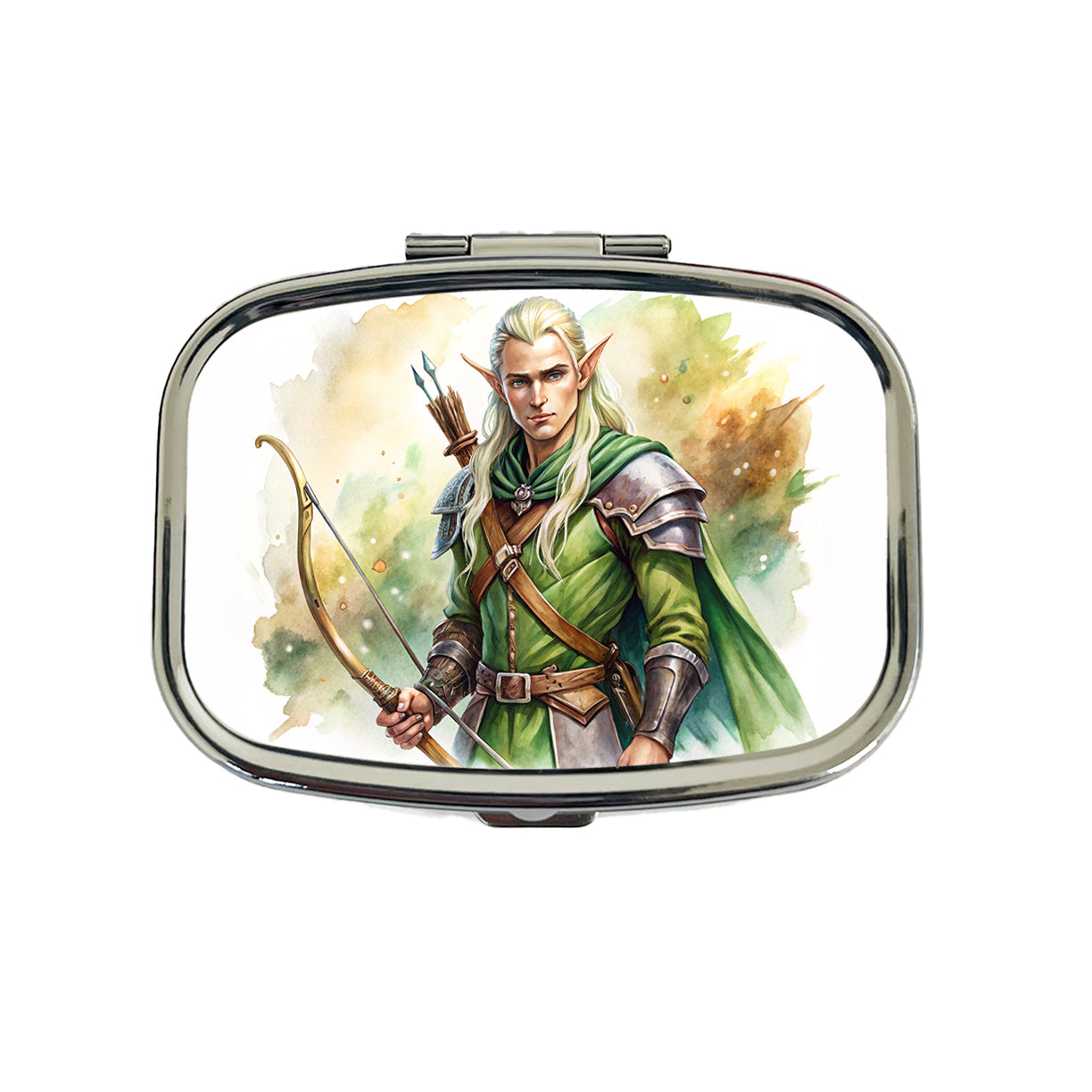 Fantasy Male Elven Ranger Archer Warrior Watercolor Travel Pill Box Case