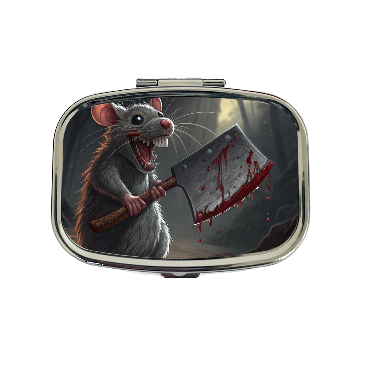 Mouse Holding A Bloody Meat Cleaver Halloween Scary Travel Pill Box Case