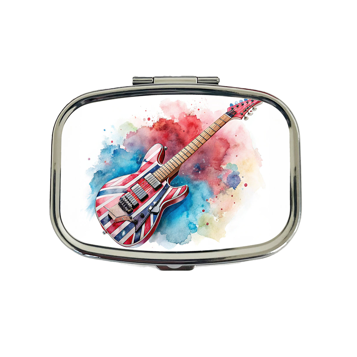 Red White Blue Rock and Roll Guitar Watercolor Travel Pill Box Case