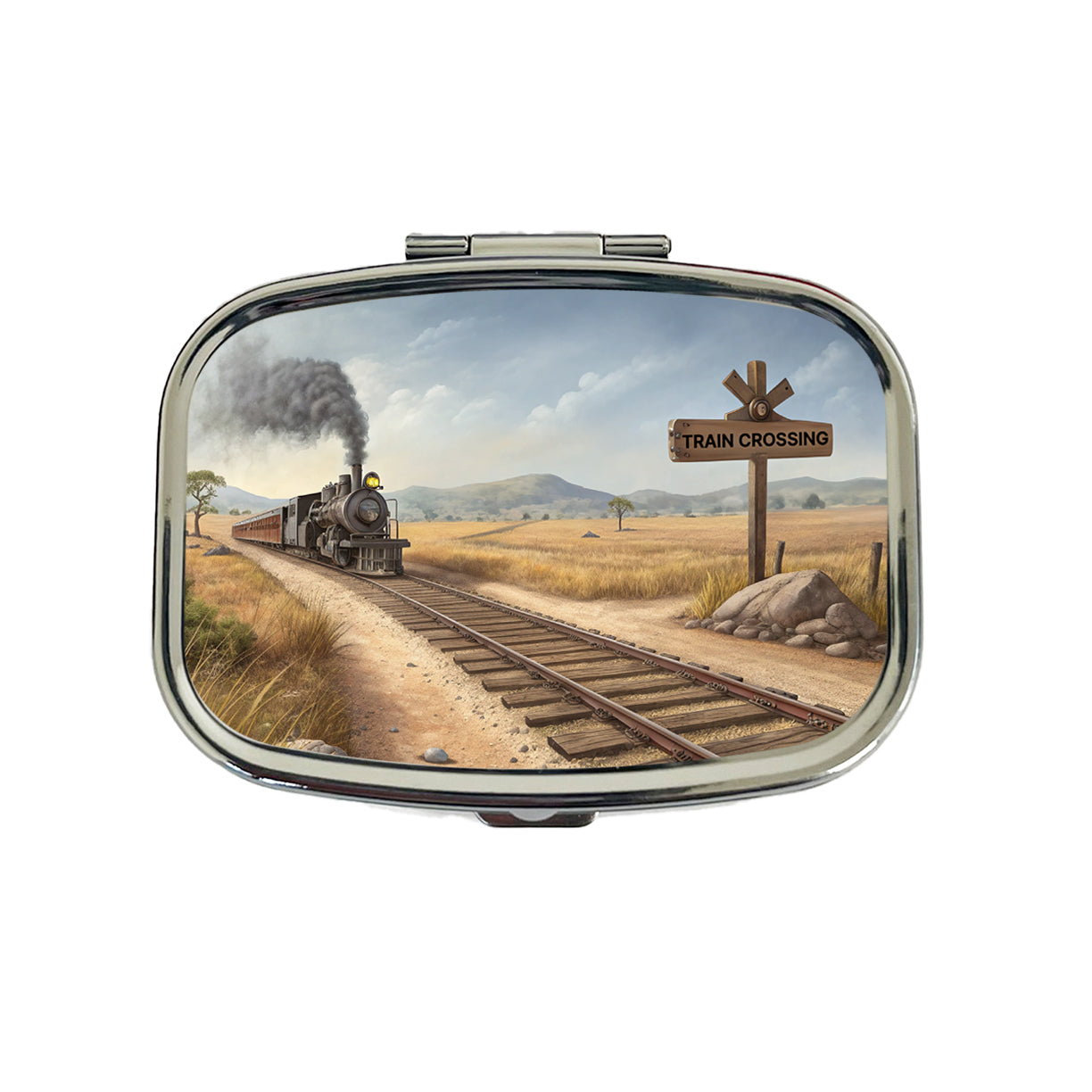 Steam Locomotive Train Crossing Old West Western Travel Pill Box Case