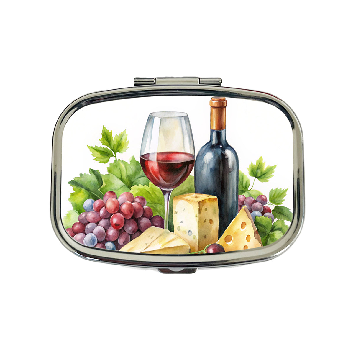 Wine Cheese Grapes Watercolor Travel Pill Box Case