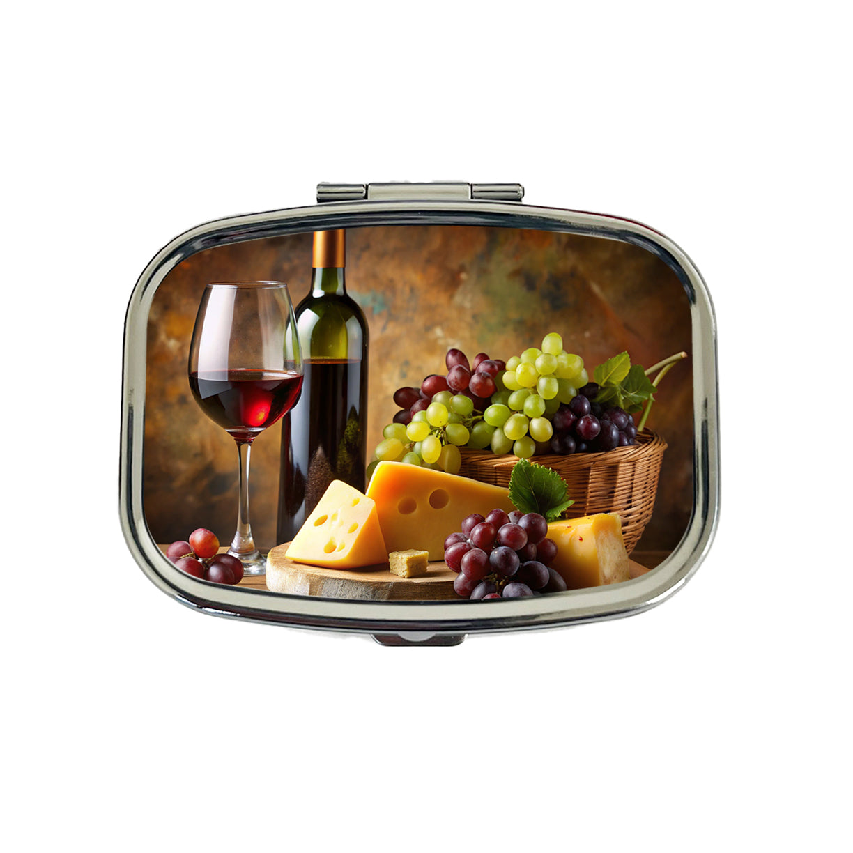 Wine Cheese Grapes Rustic Setting Travel Pill Box Case