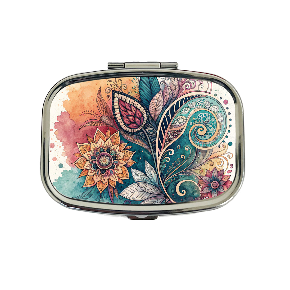 Abstract Deco Floral Leaves Swirl Design Travel Pill Box Case