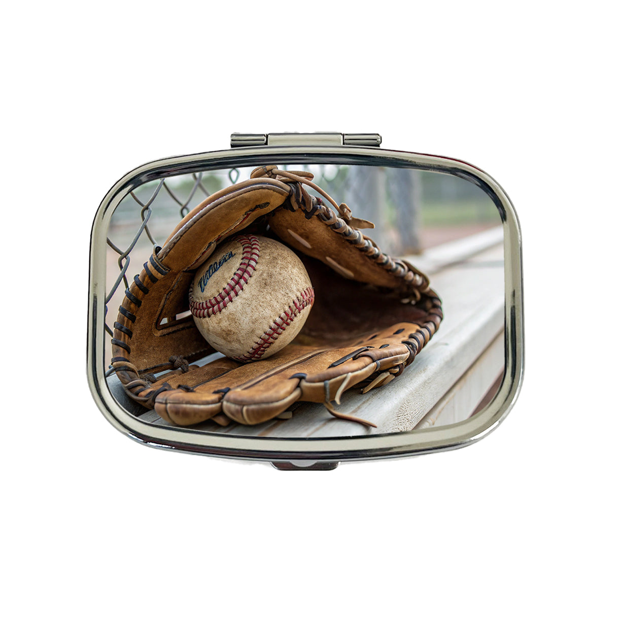 Baseball Glove With Baseball on Dugout Bench Travel Pill Box Case