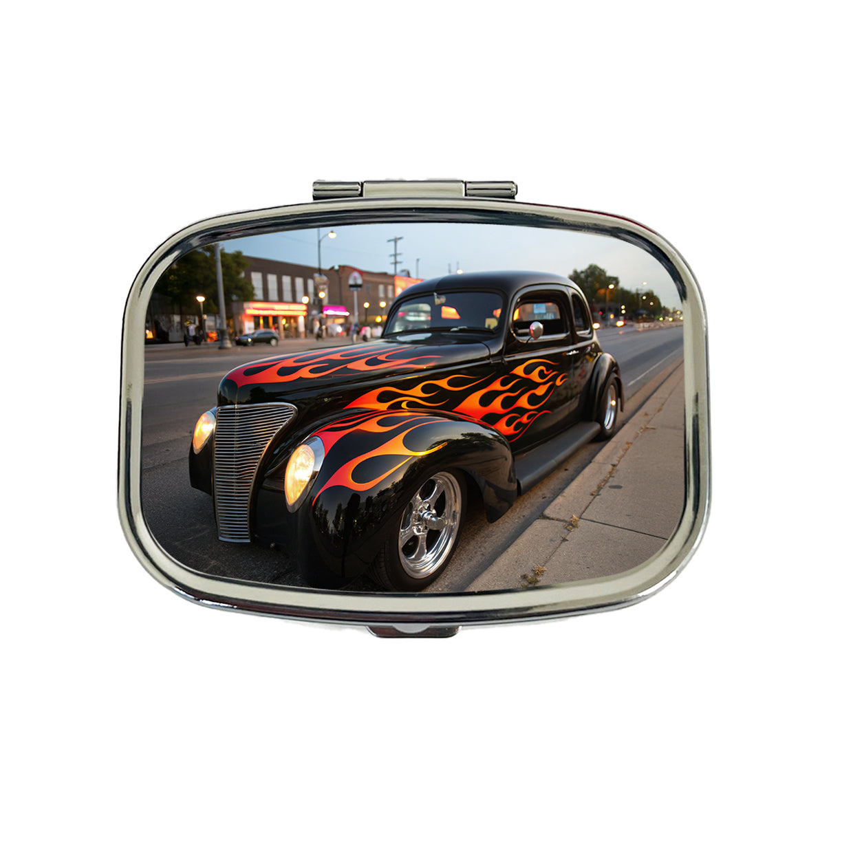 Black Hot Rod Classic Car With Flames Travel Pill Box Case