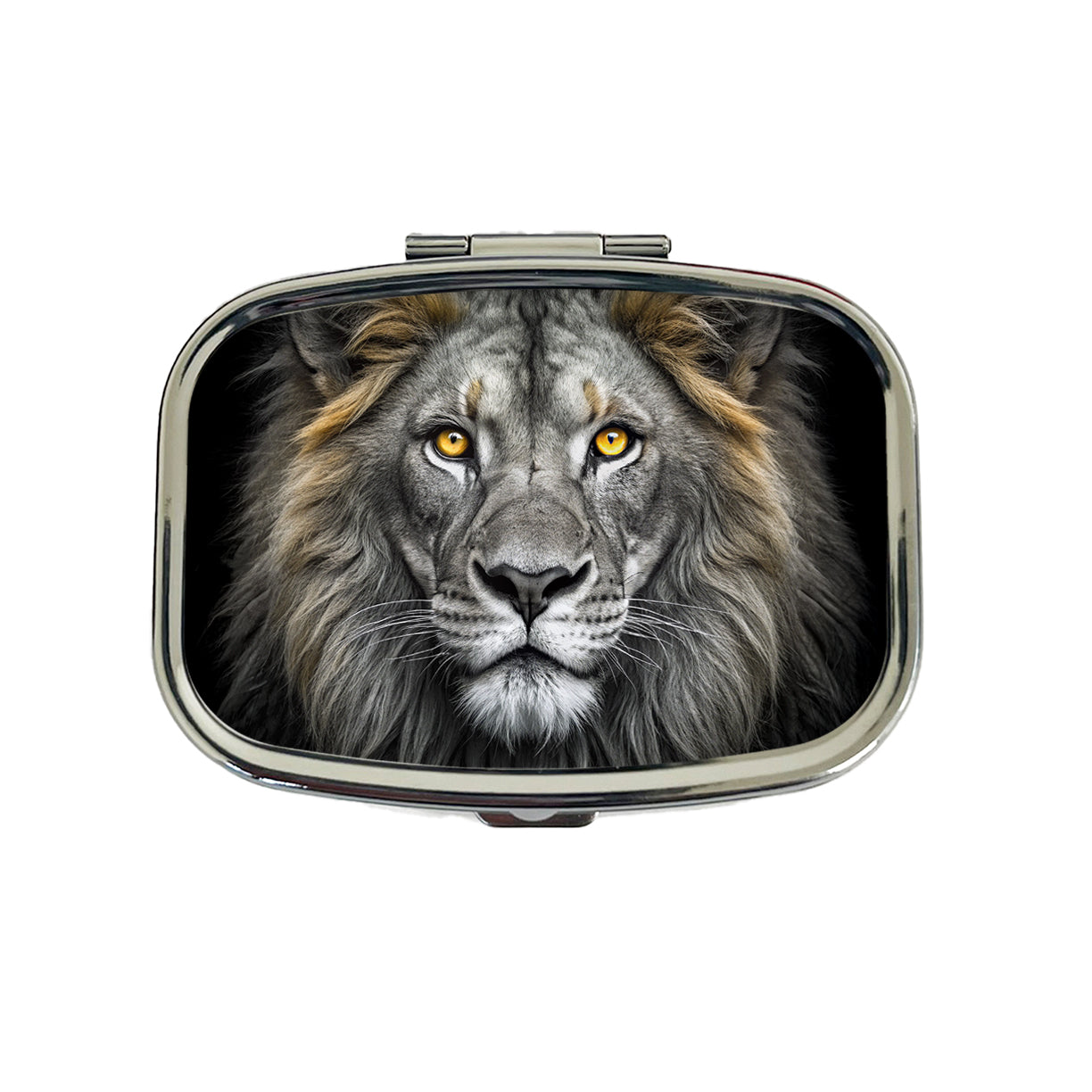 Black White Lion's Face with Gold Eyes Travel Pill Box Case