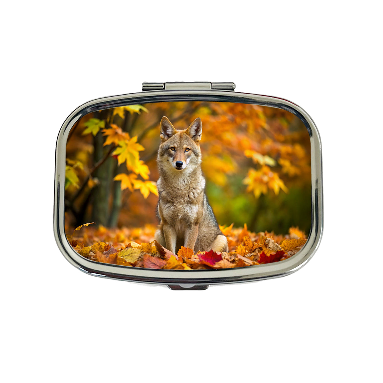 Coyote Sitting In The Fall Leaves Travel Pill Box Case