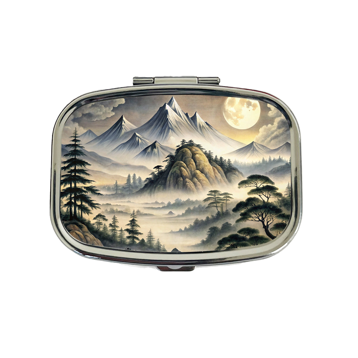 Japanese Style Ink Painting Landscape Misty Mountains Large Moon Travel Pill Box Case