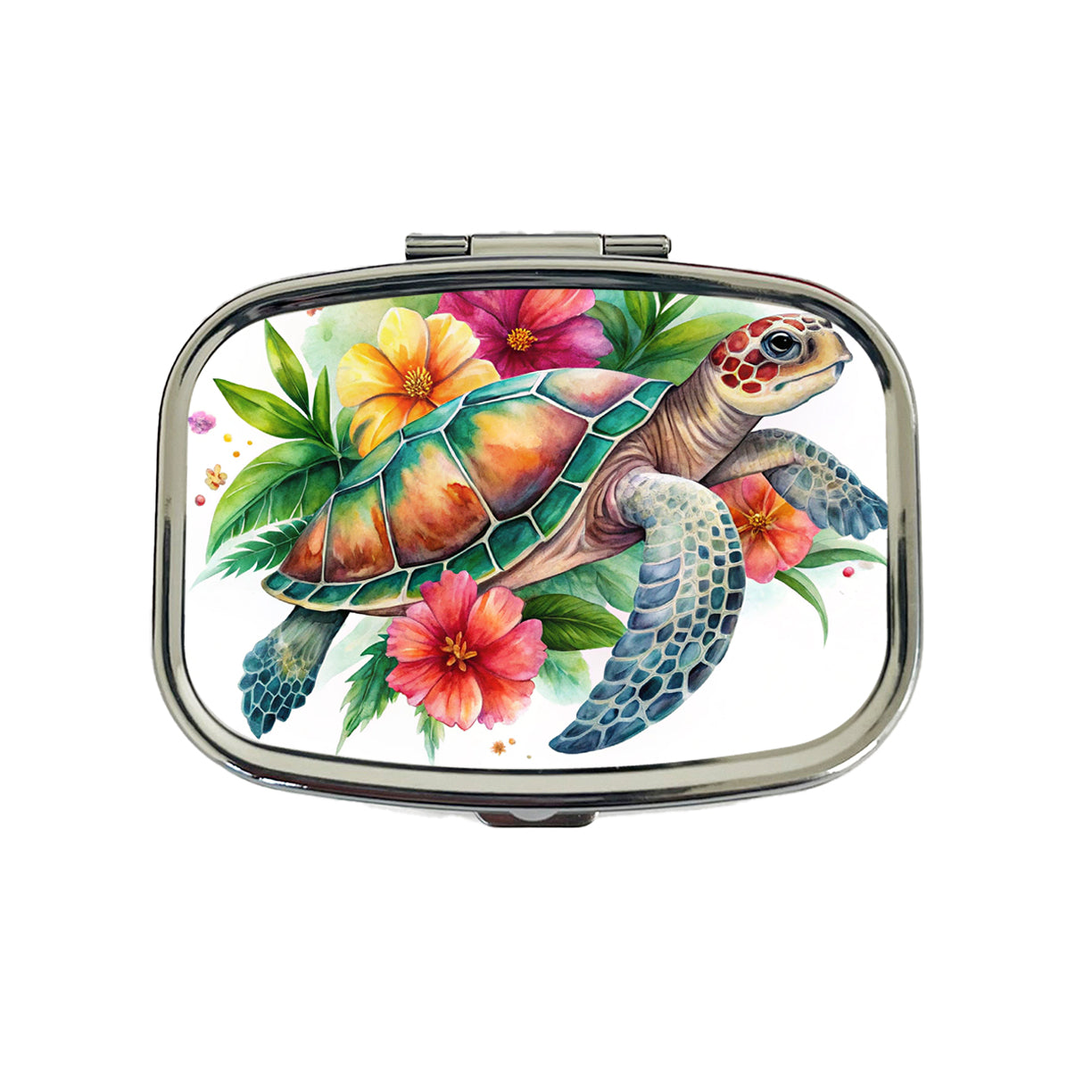 Tropical Sea Turtle Hibiscus Floral Watercolor Travel Pill Box Case