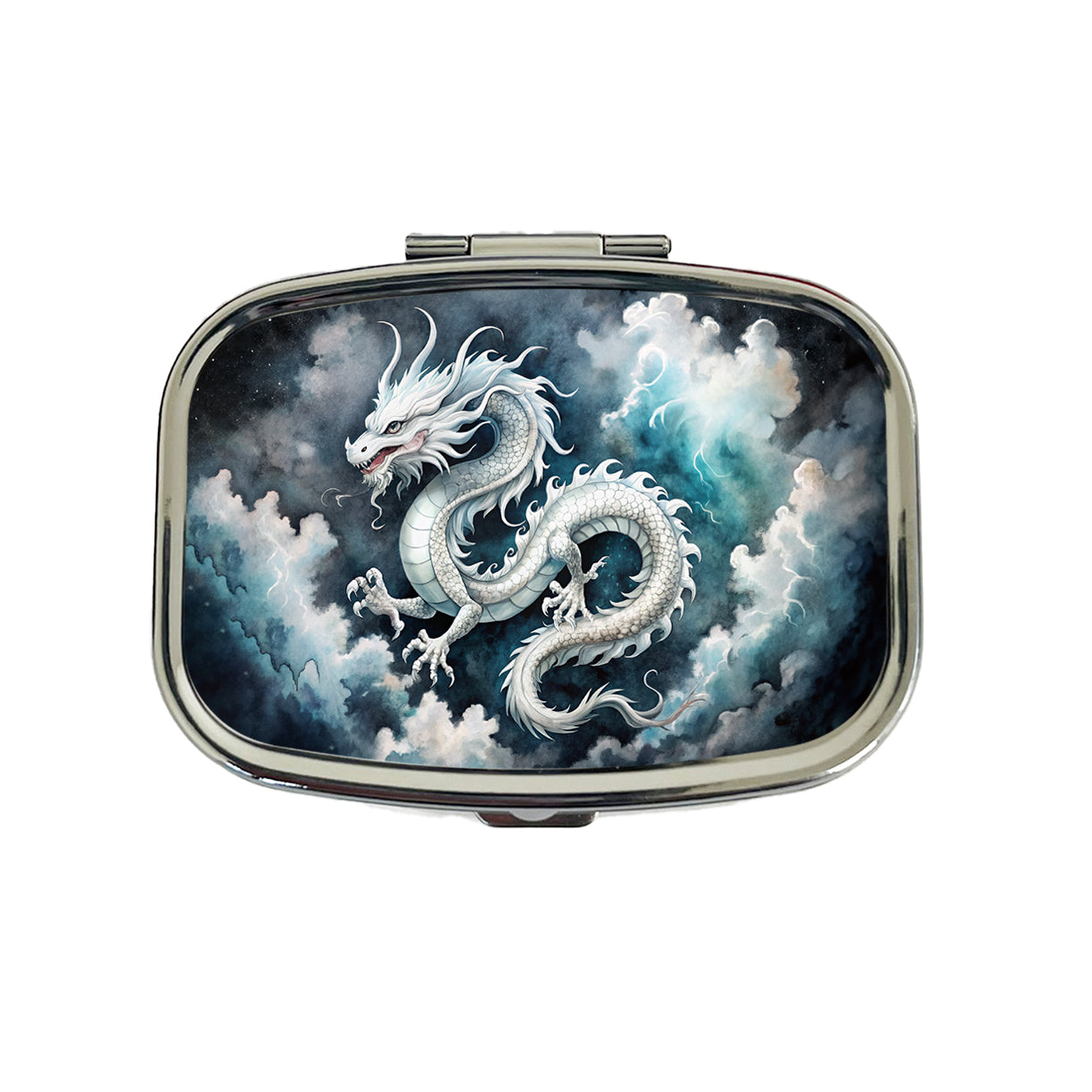 White Asian Dragon On Black Watercolor Travel Pill Box Case