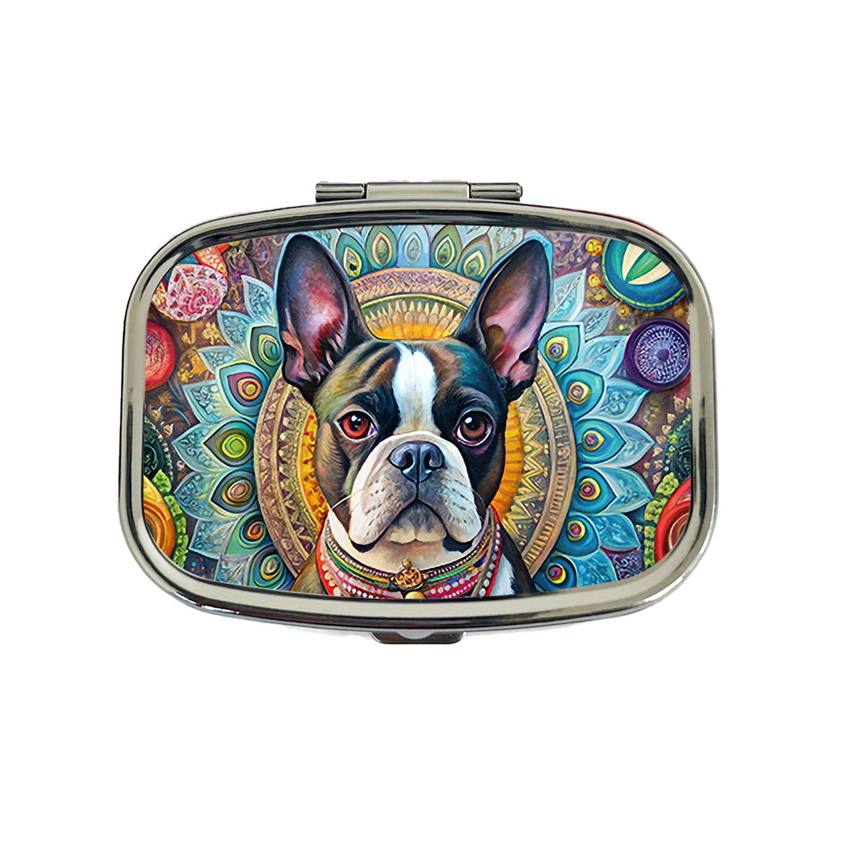 Boston Terrier Dog Bohemian Art Travel Pill Box Case