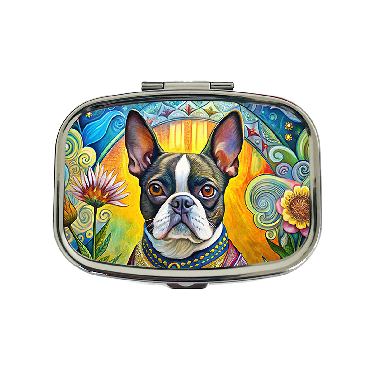 Boston Terrier Dog French Bohemian Art Travel Pill Box Case