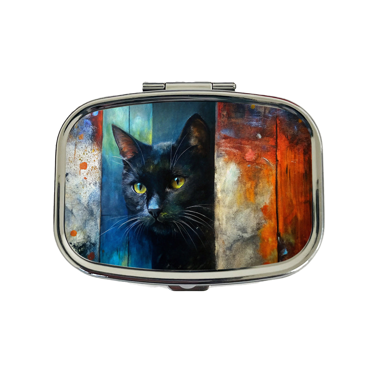 Black Cat Peaking Behind Door Abstract Art Travel Pill Box Case