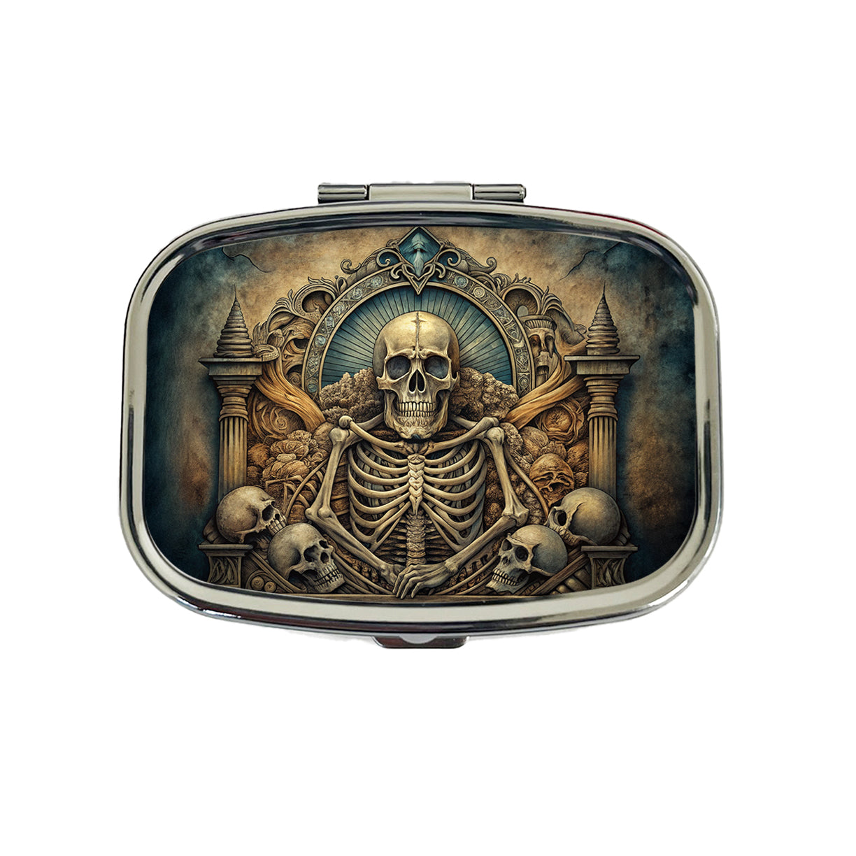 Gothic Ancient Skull Skeleton Bones Illustration Travel Pill Box Case
