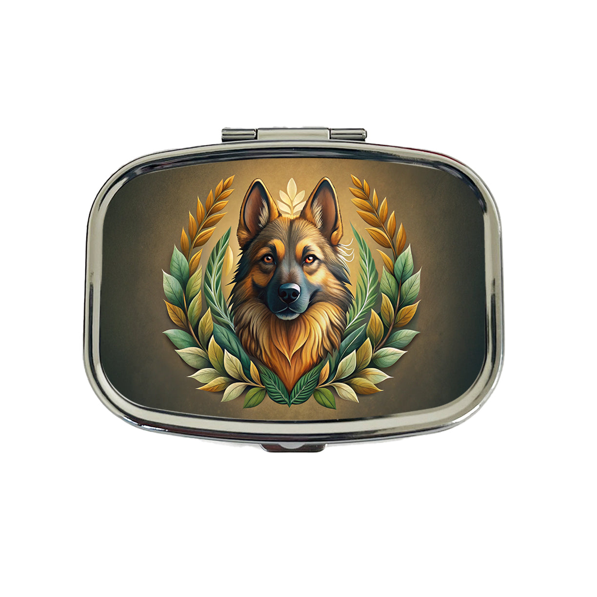 Stylized German Shepherd Illustration Leaf Design Travel Pill Box Case