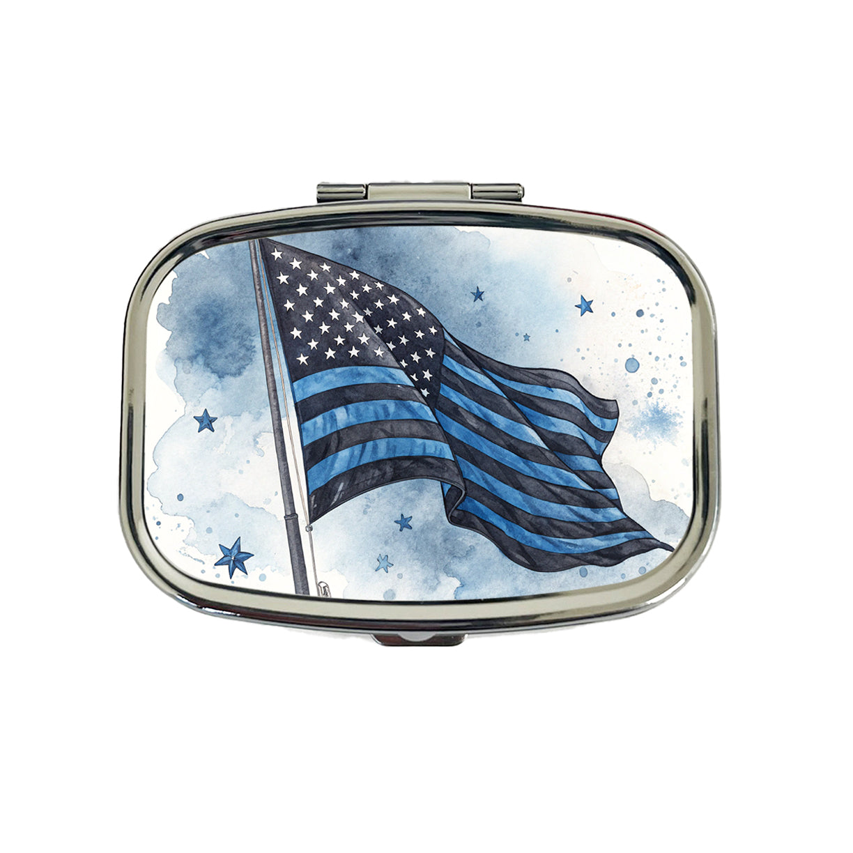 Black Blue Waving American Flag Watercolor USA United States Travel Pill Box Case