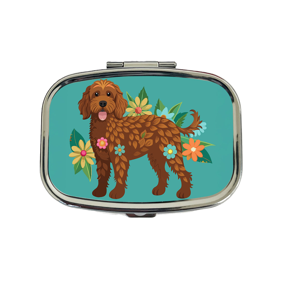 Brown Labradoodle Floral Motif Dog Travel Pill Box Case