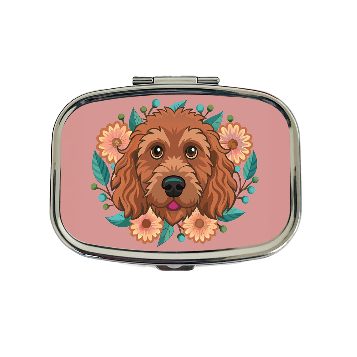 Brown Labradoodle Head Floral Motif Dog Pink Background Travel Pill Box Case