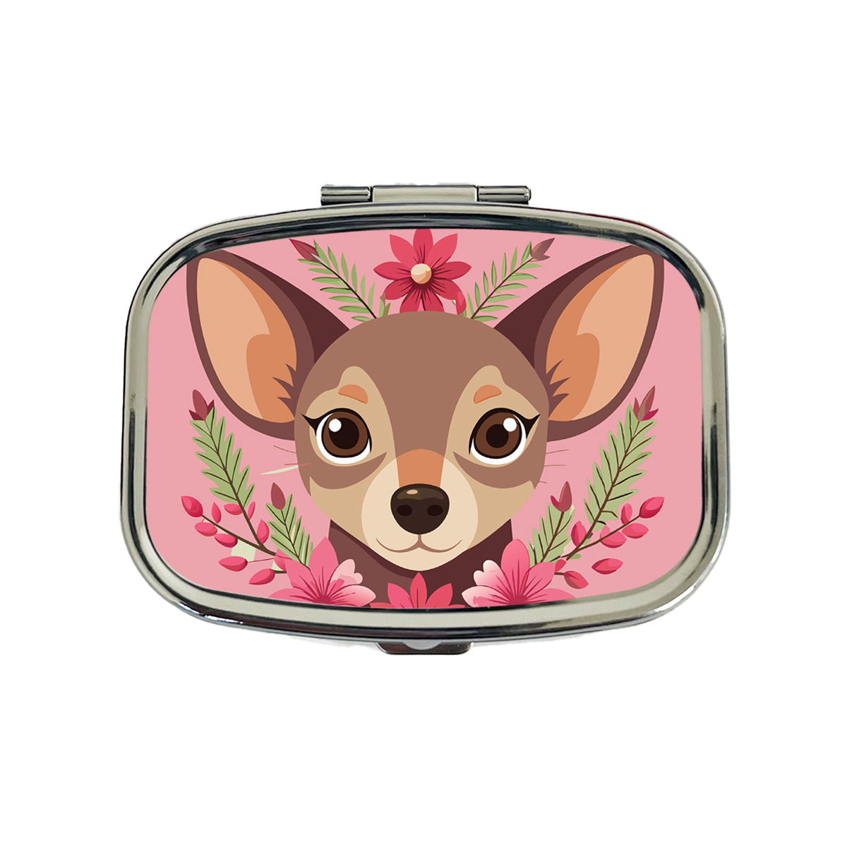 Chiweenie Head Floral Motif Pink Dog Travel Pill Box Case