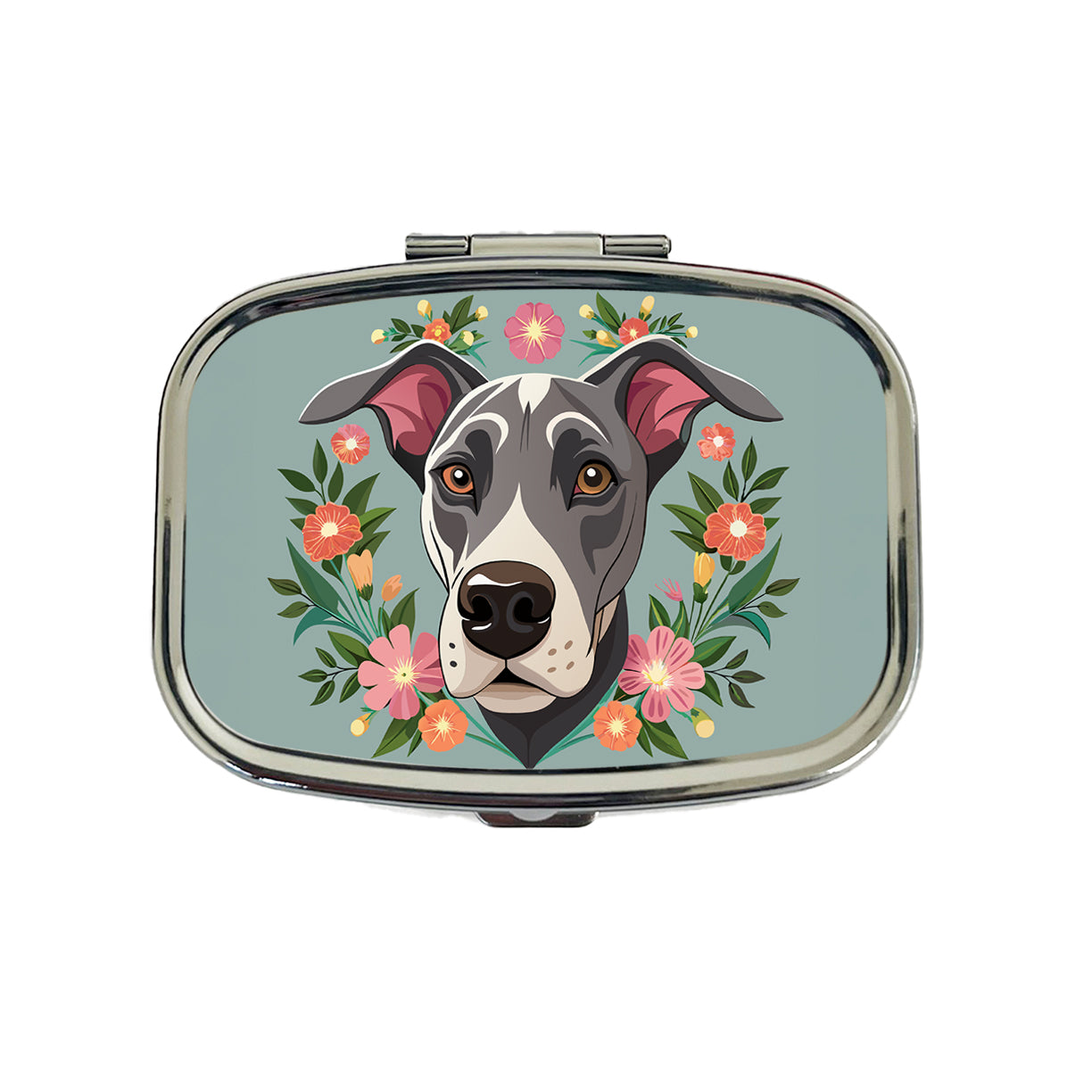 Great Dane Head Floral Motif Gray Dog Travel Pill Box Case