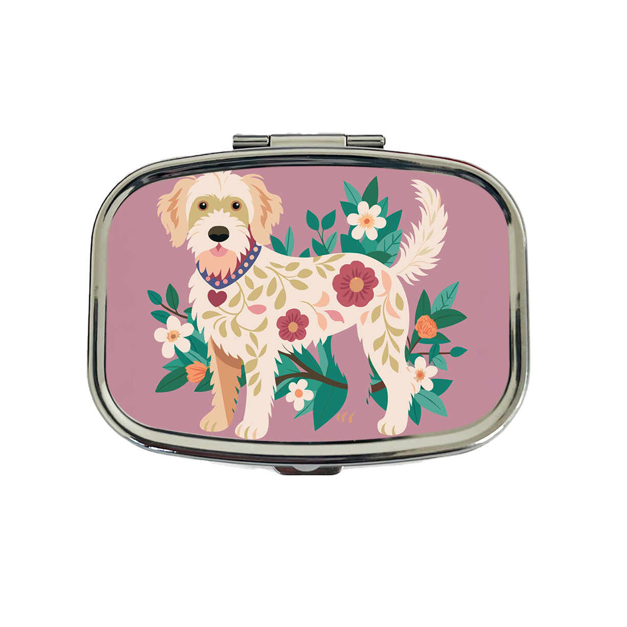 Labradoodle Floral Motif Standing Dog Travel Pill Box Case