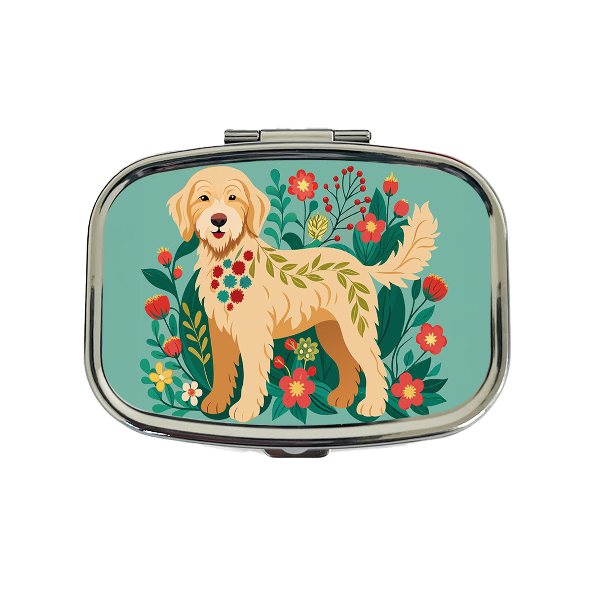 Labradoodle Floral Motif Tan Dog Travel Pill Box Case