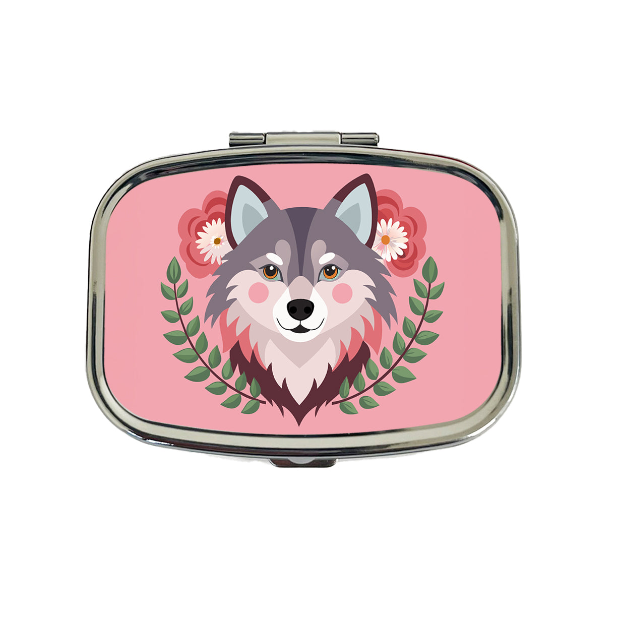 Pomsky Head Floral Motif Pink Cute Dog Travel Pill Box Case