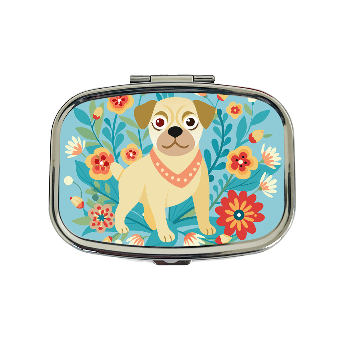 Puggle Floral Motif Blue Dog Travel Pill Box Case