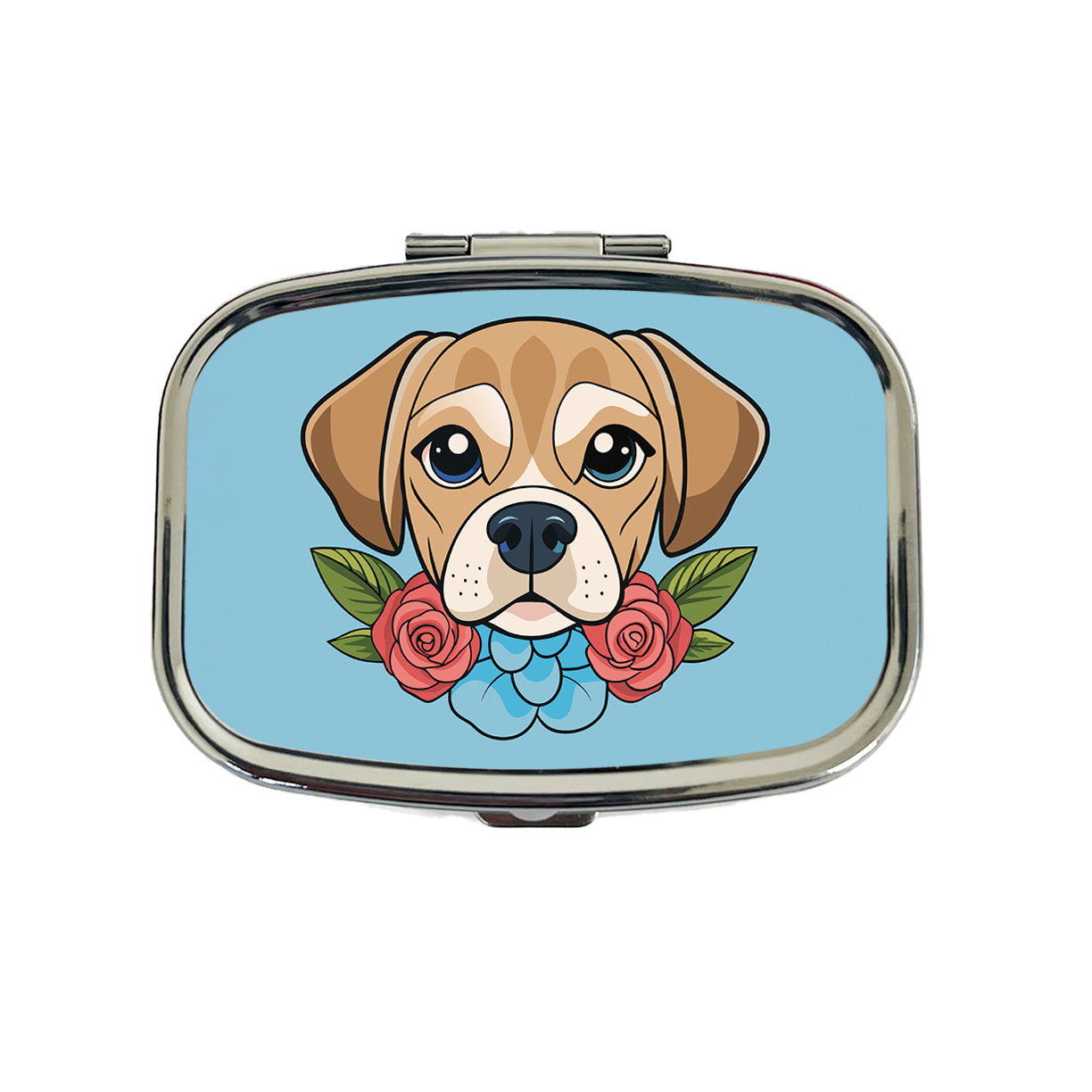 Puggle Head Floral Motif Blue Dog Travel Pill Box Case
