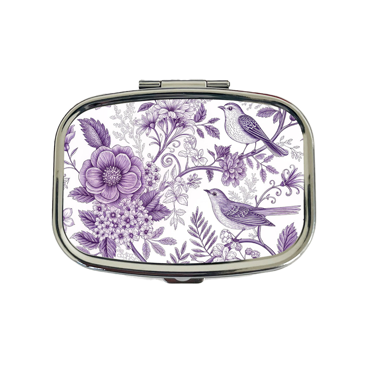 Purple On White Toile With Birds Travel Pill Box Case