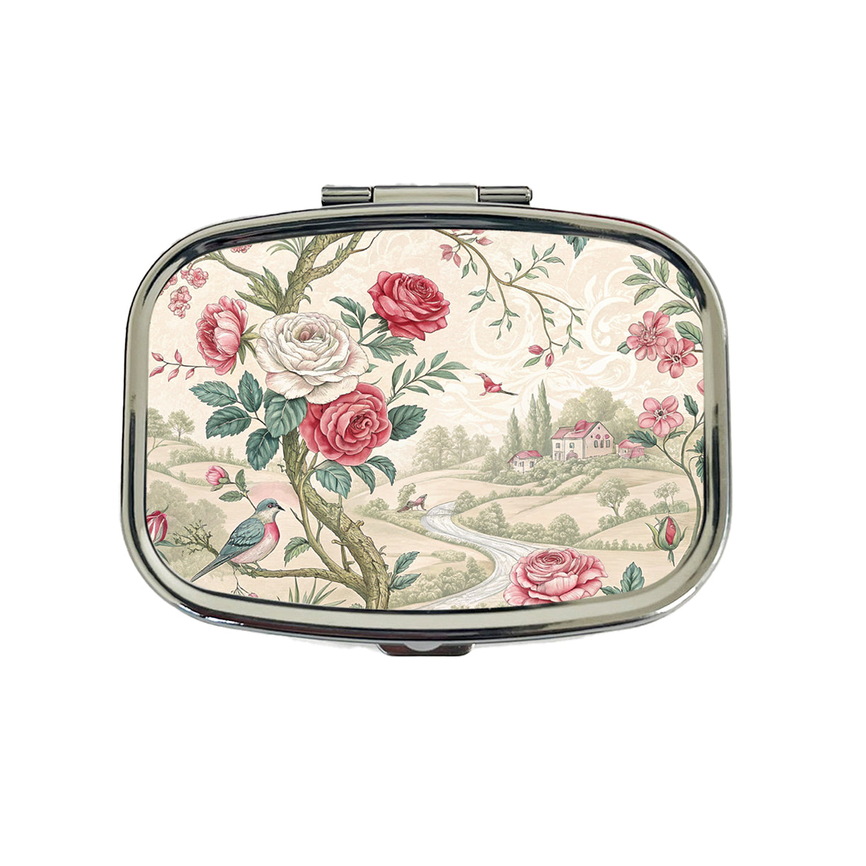 Toile Pattern Flowers Birds Travel Pill Box Case