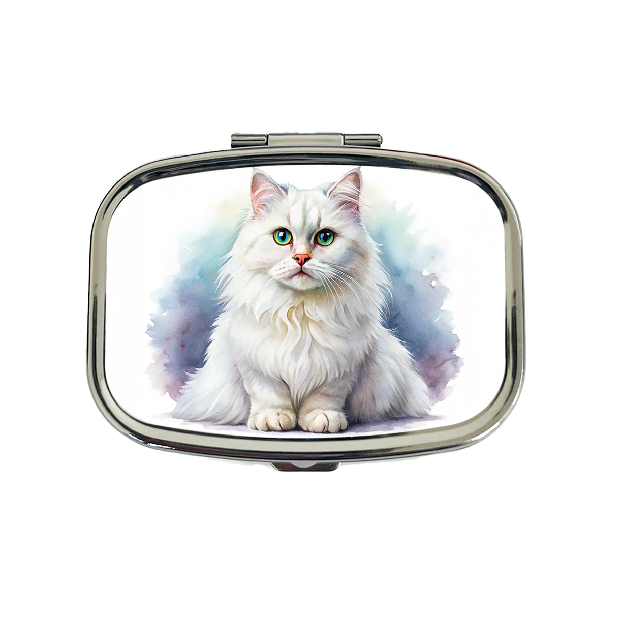 British Longhair White Cat Watercolor Style Travel Pill Box Case