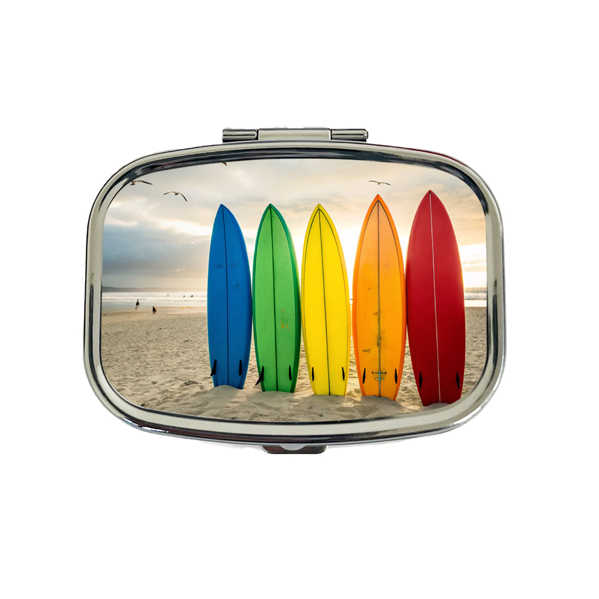 Brightly Colored Surfboards In The Sand Beach Ocean Travel Pill Box Case