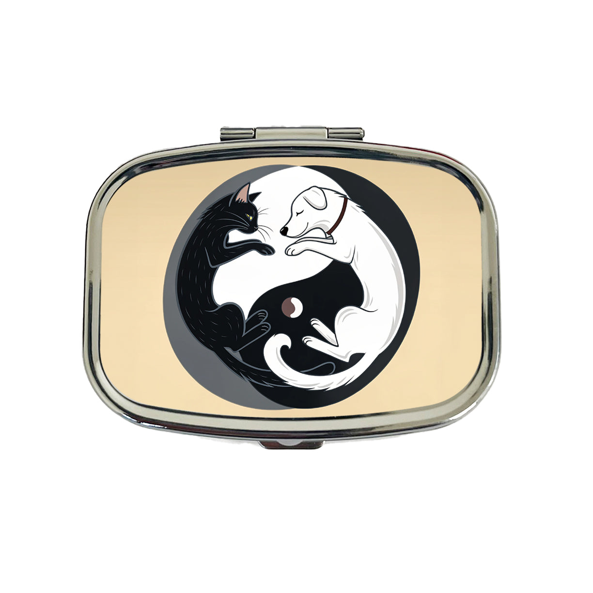 Cat Dog Black White Swirling Yin Yang Travel Pill Box Case
