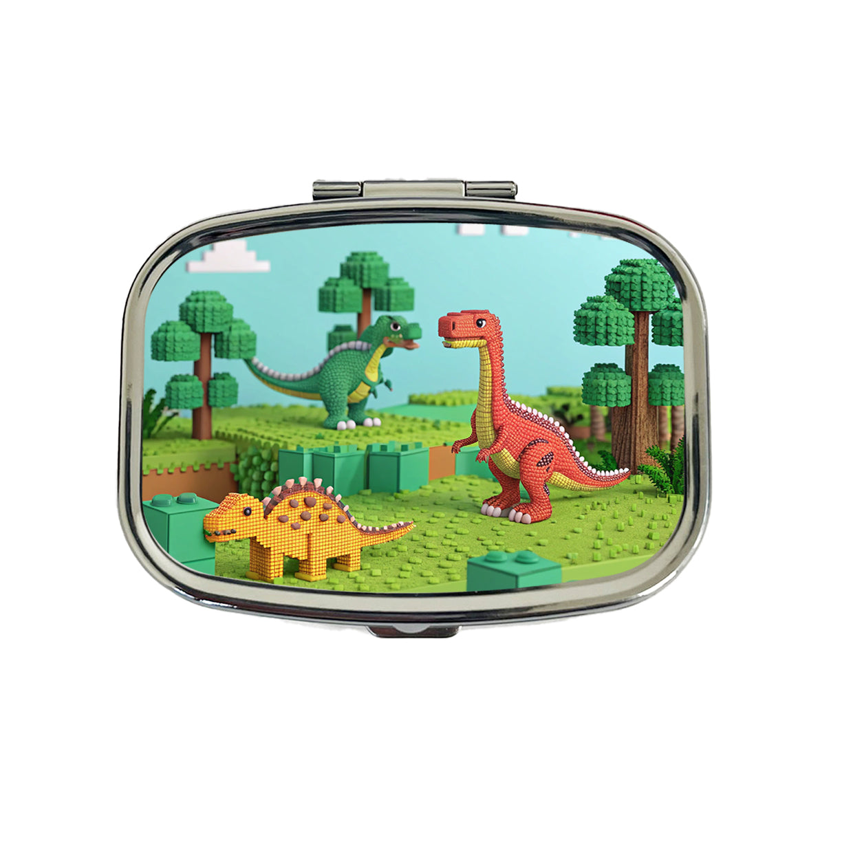 Retro 8 Bit Pixel Art Style Dinosaurs Roaming Travel Pill Box Case