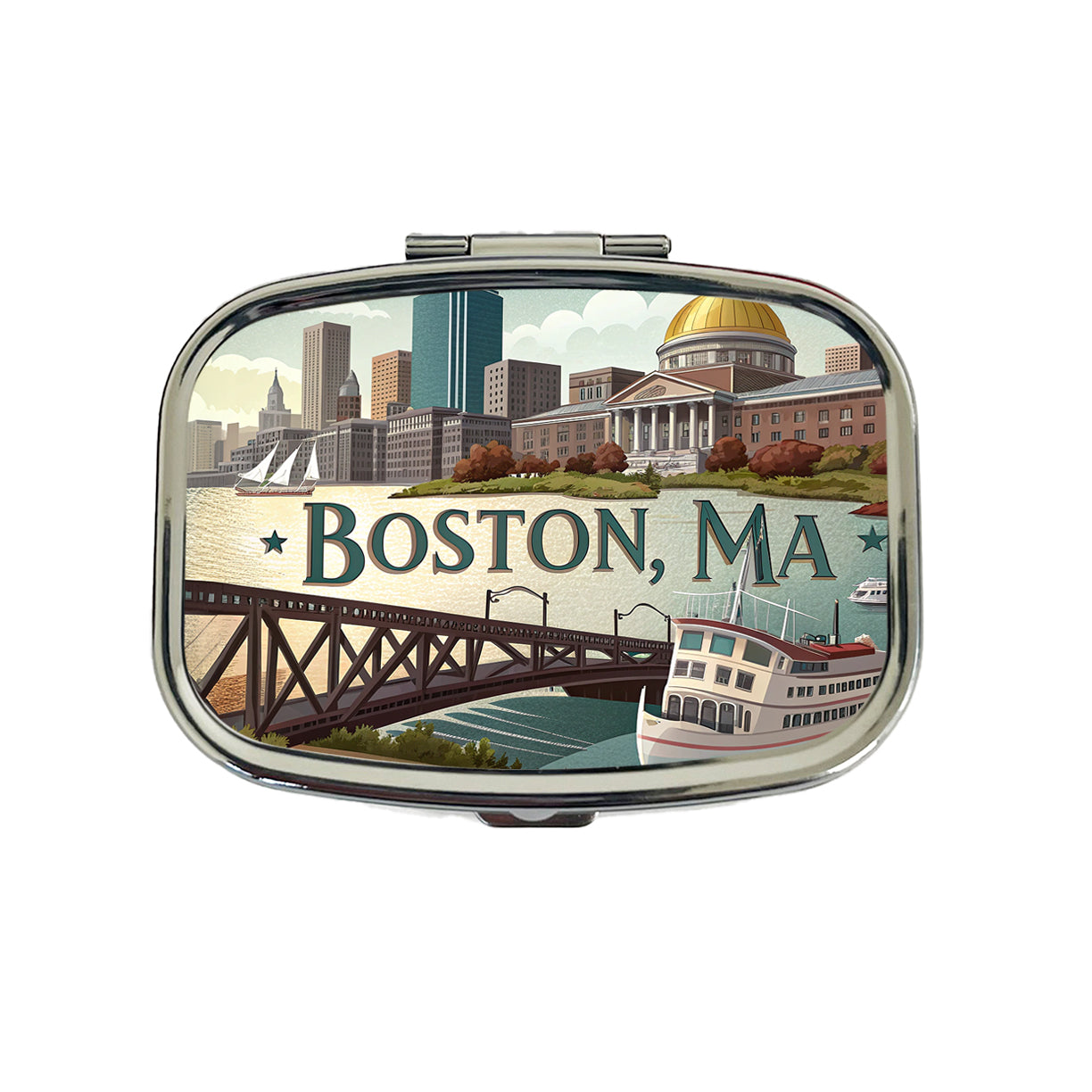 Boston, Massachusetts MA Travel City State Stamp Travel Pill Box Case