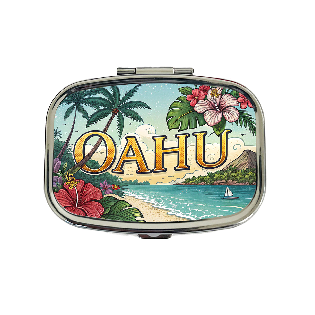 O'Ahu Hawaii HI Tropical Travel City State Stamp Travel Pill Box Case
