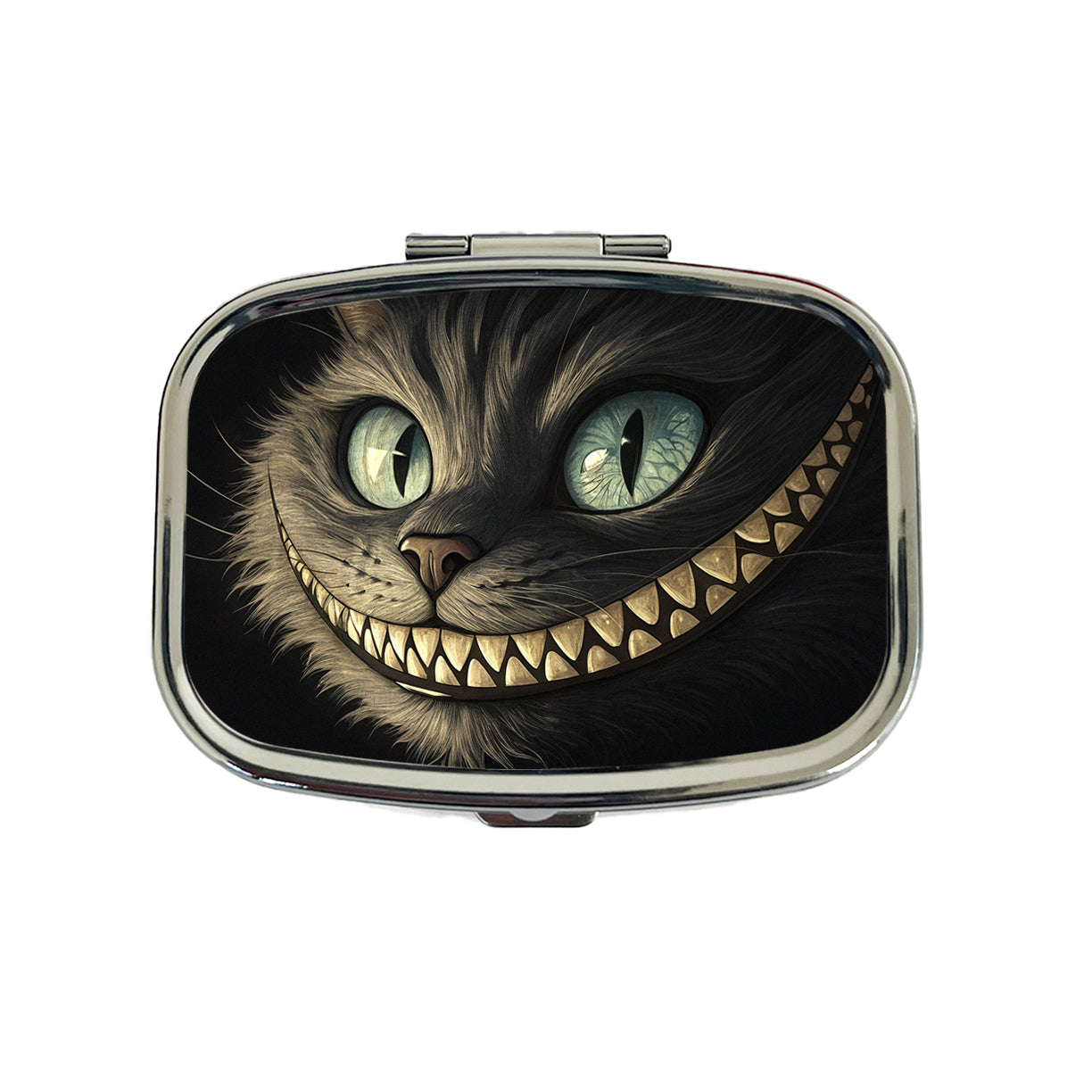 Funny Cheshire Cat Grin on Black Travel Pill Box Case