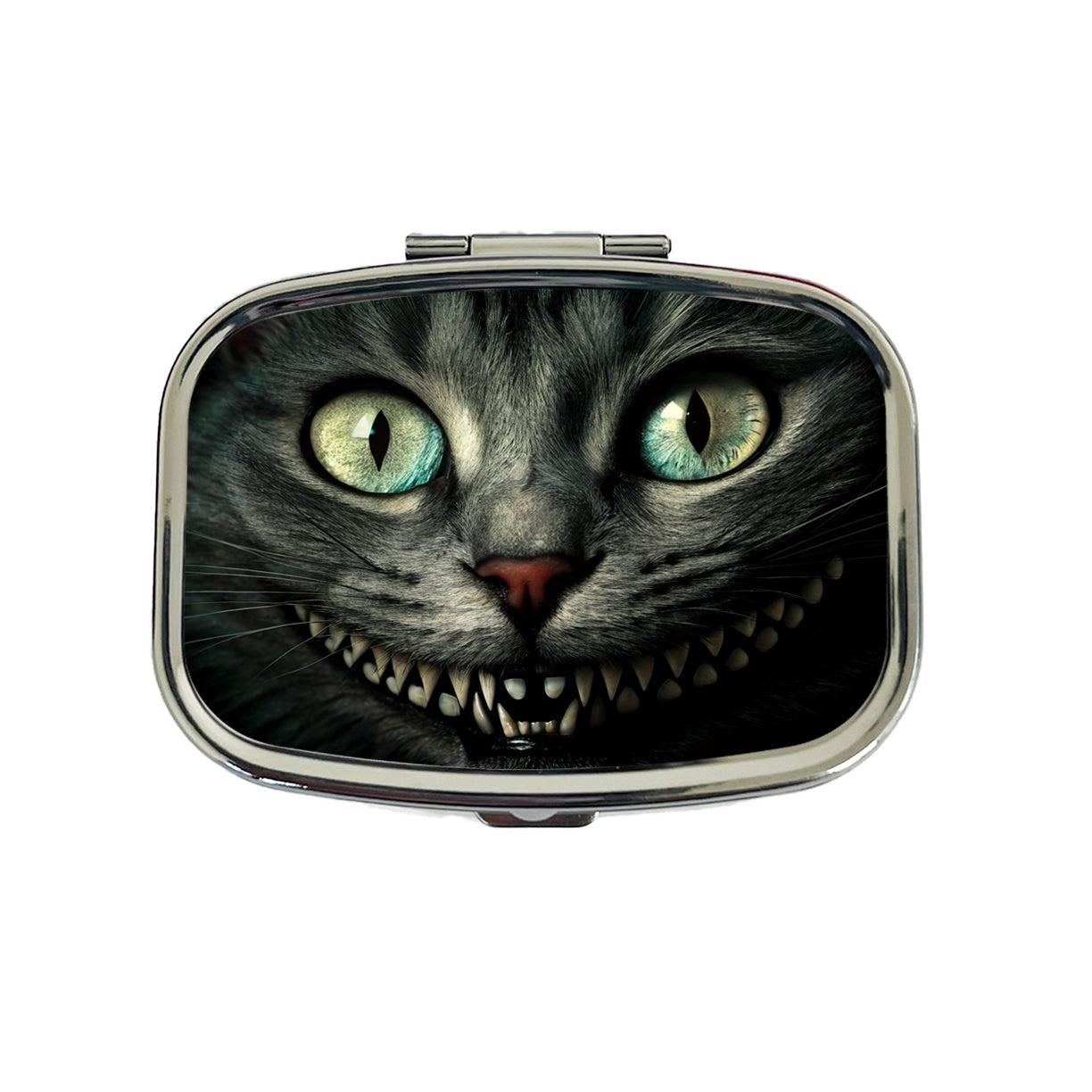 Mischievous Cheshire Cat Grin on Black Travel Pill Box Case