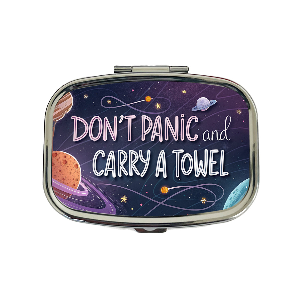 Don't Panic And Carry A Towel Funny Sci-Fi Travel Pill Box Case