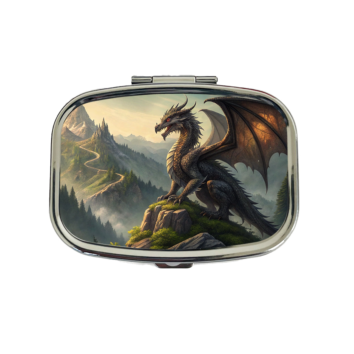 Fantasy Dragon on Mountain Illustration Travel Pill Box Case