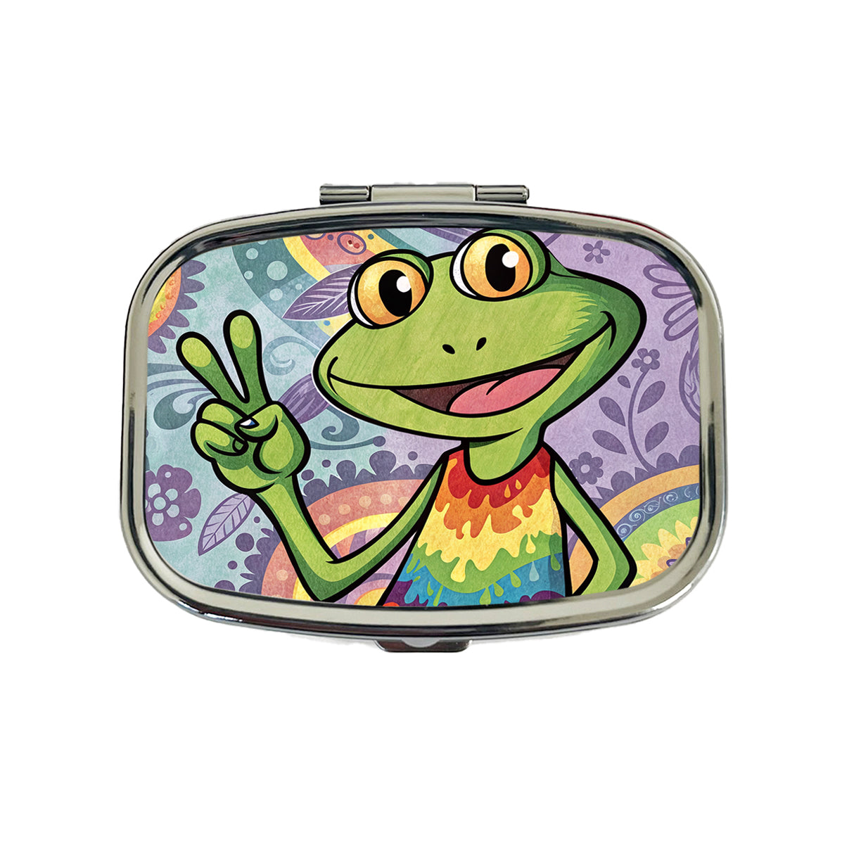 Frog Giving Peace Sign Hippie Tie Dye Travel Pill Box Case