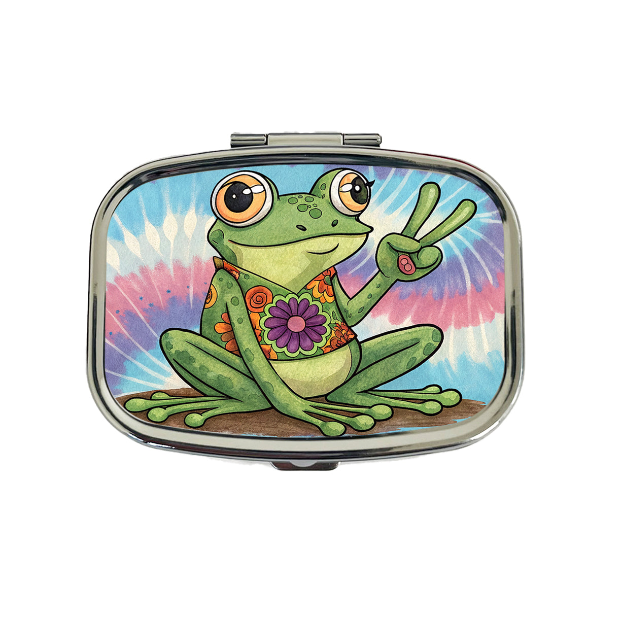Frog Giving Peace Sign Tie-Dye Cartoon Travel Pill Box Case